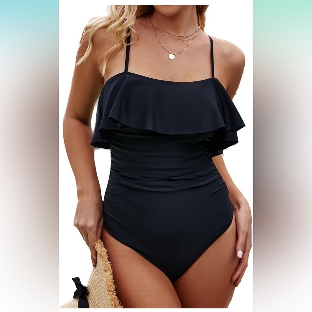 VIMPUNEC Ruffle Tummy Control Swimsuits Ruched Cutout 1 piece Lace Up size M A84